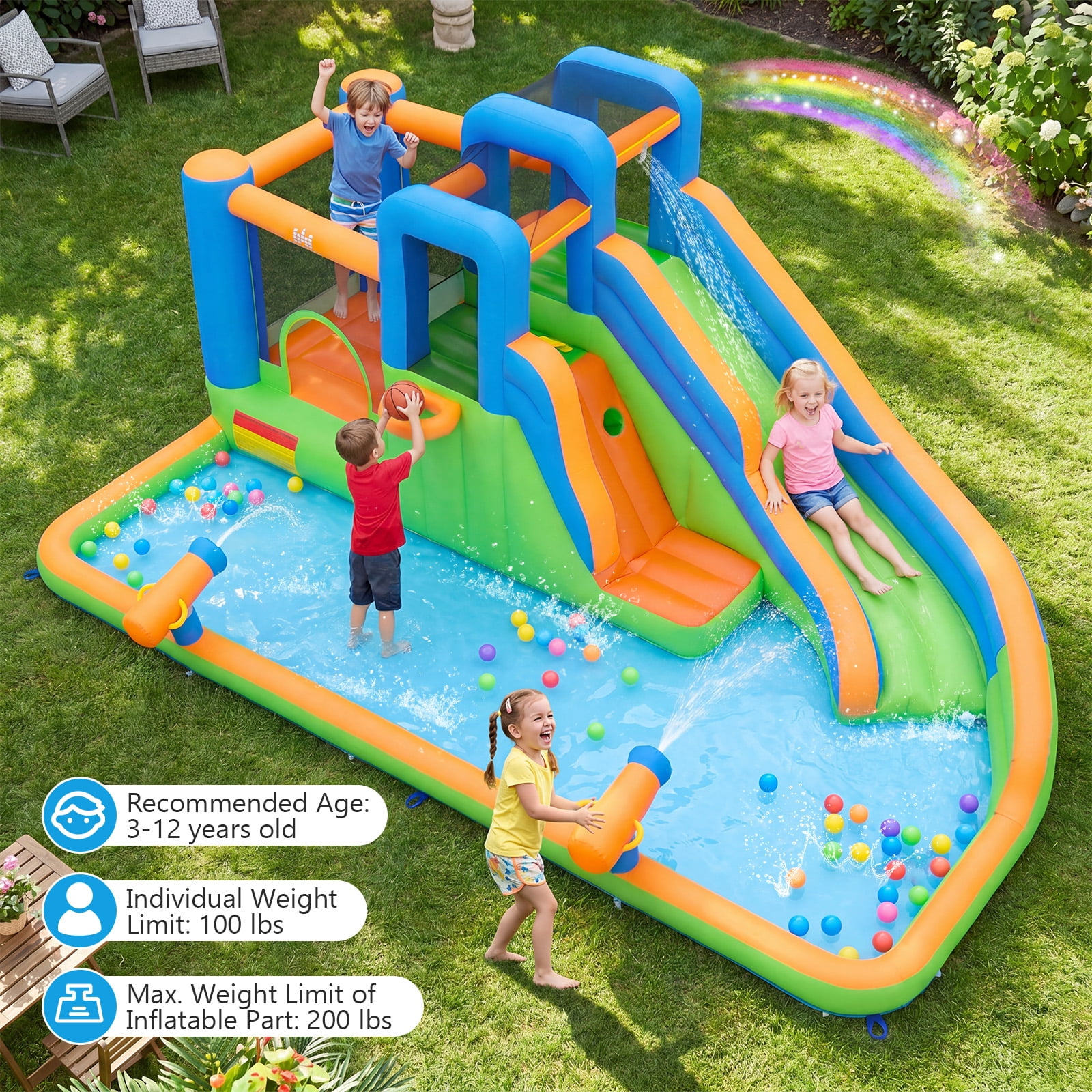 Costway Inflatable Water Slide Park with Slide, Jumping Area, Splash Pool, 2 Climbing Walls