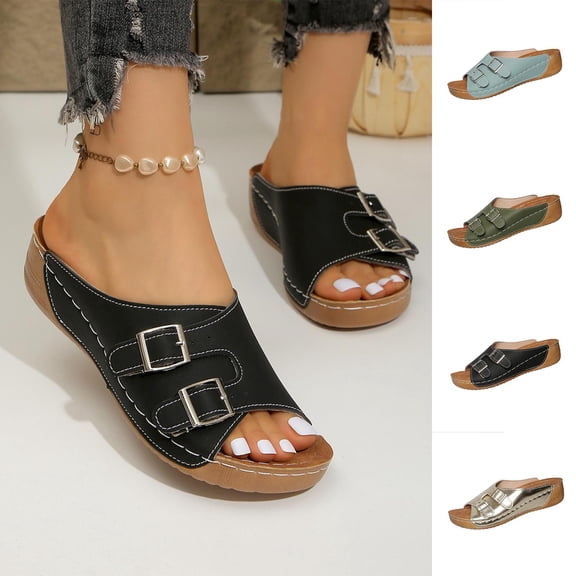 Miluxas Womens Wedge Sandals Leather: Dressy Sandal, Comfortable Walking, Casual Slip on Summer Shoes Light Blue 9.5(43)