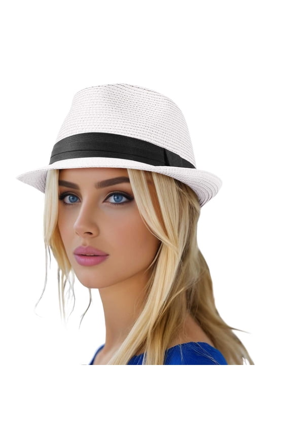 Straw Fedora Hat For Women Men Packable Short Brim Roll Up Hat Panama Summer Beach Sun Hat Cozy White - One Size