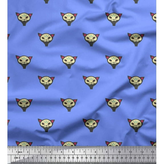 Soimoi Blue Cotton Voile Fabric Tribal Cat Face Print Fabric by the Yard 42 Inch Wide