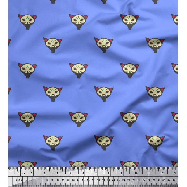 Soimoi Tissu Bleu Poly Georgette Imprimé Visage de Chat Tribal au Mètre 42 Pouces de Large