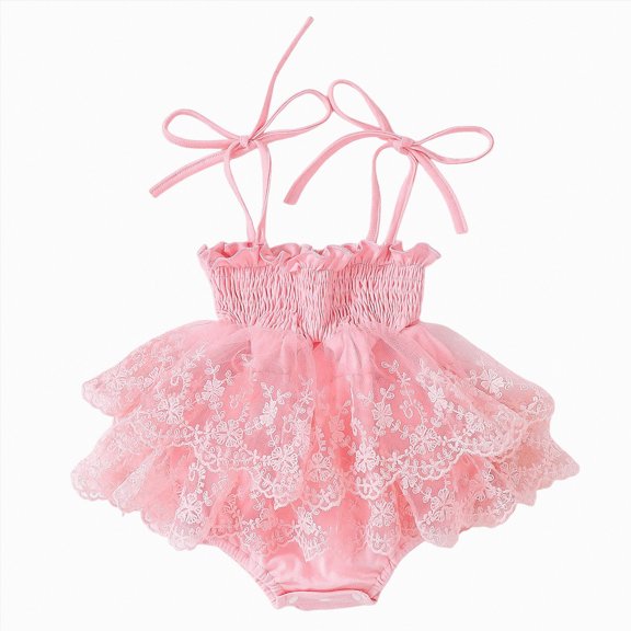 enyan Newborn Baby Girl Summer Outfit Sleeveless Ruffle Smocked Bow Tie Strap Tulle Romper Dress One-piece Jumpsuit Clothes,Pink,6-12 Months