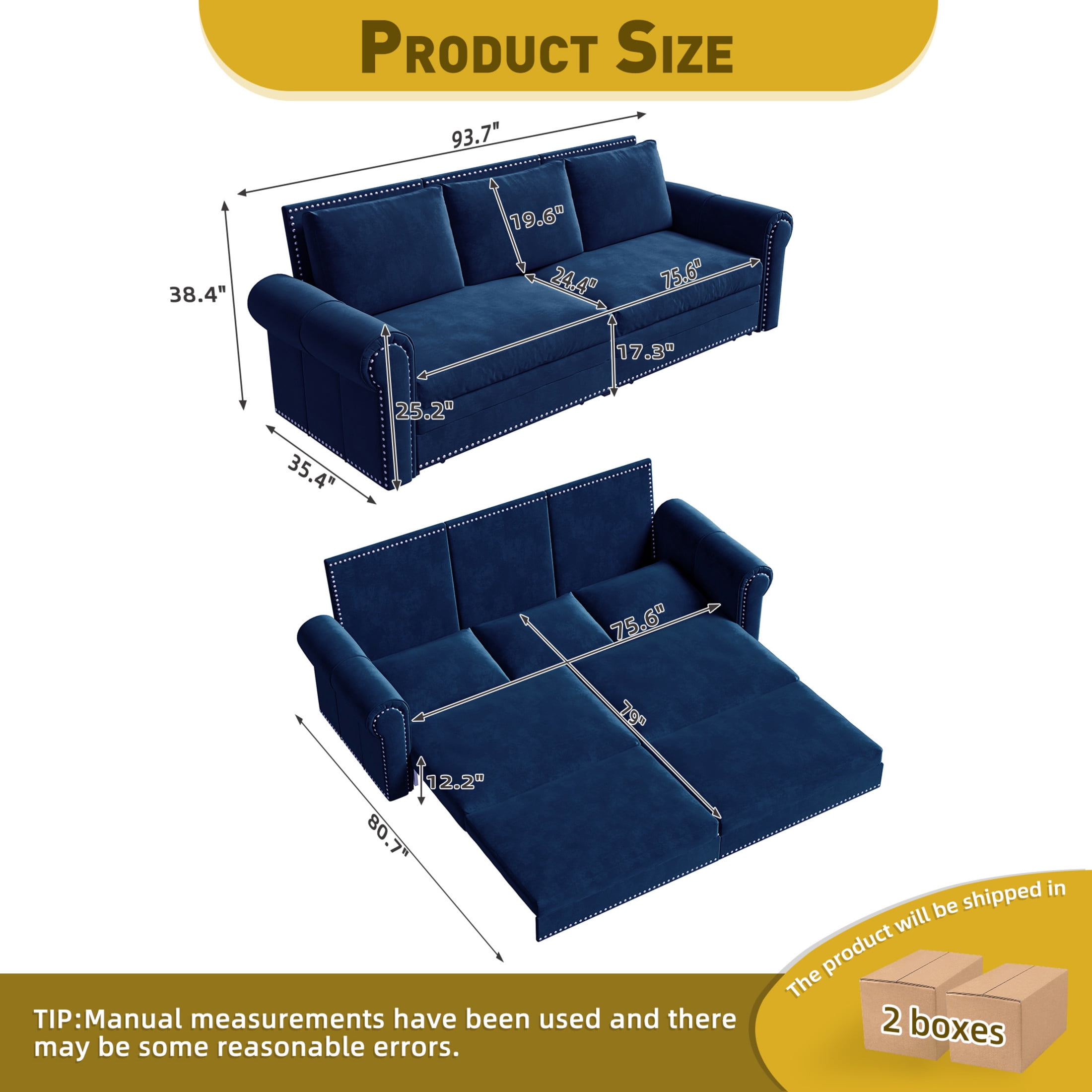 Noble House Lexair Velvet Chesterfield Pull Out Sofa Bed, 3-in-1 King Sleeper Couch with Nailheads & Rolled Arm, Blue