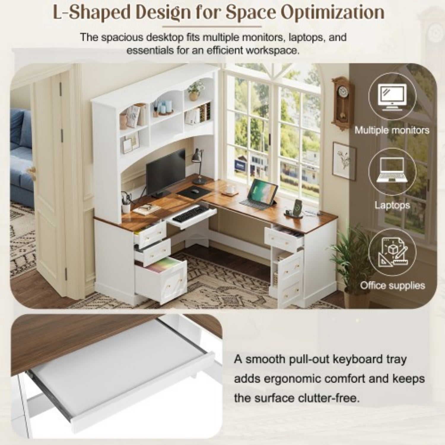 L-Shaped Farmhouse Computer Desk with Hutch, Corner Home Office Desk with File Drawer, Keyboard Tray & Dual Charging Stations, Large Workstation Writing Desk with Storage Cabinets, White
