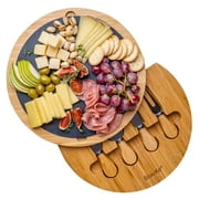 Bamboo Cheese Board and Knife Set - 12" Swiveling Charcuterie Board with Removable Slate, Cheese Serving Platter, Wood Cheese Board Set - Anniversary Birthday Housewarming Gift