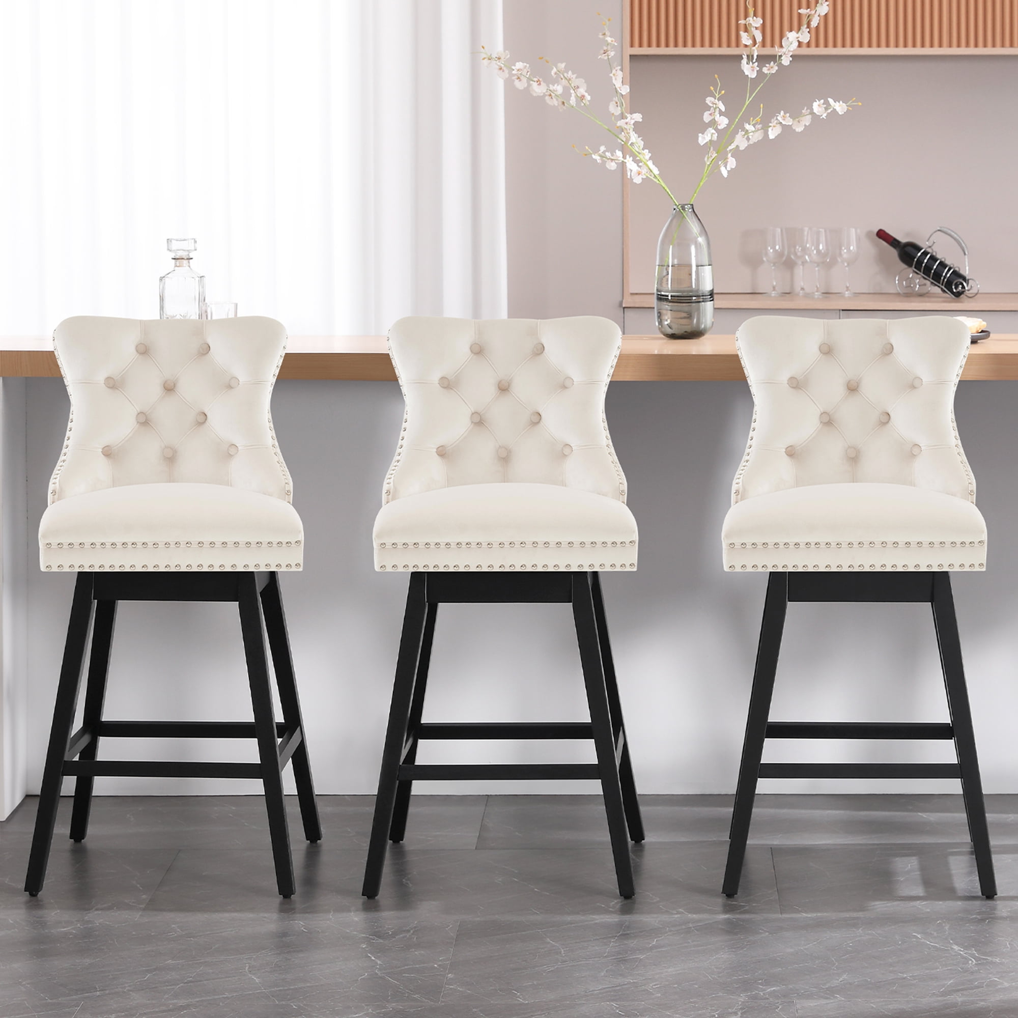 Tewloss 30" Swivel Bar Stools Set of 6 With Back Velvet Bar Height Chairs for Home Kitchen, Beige