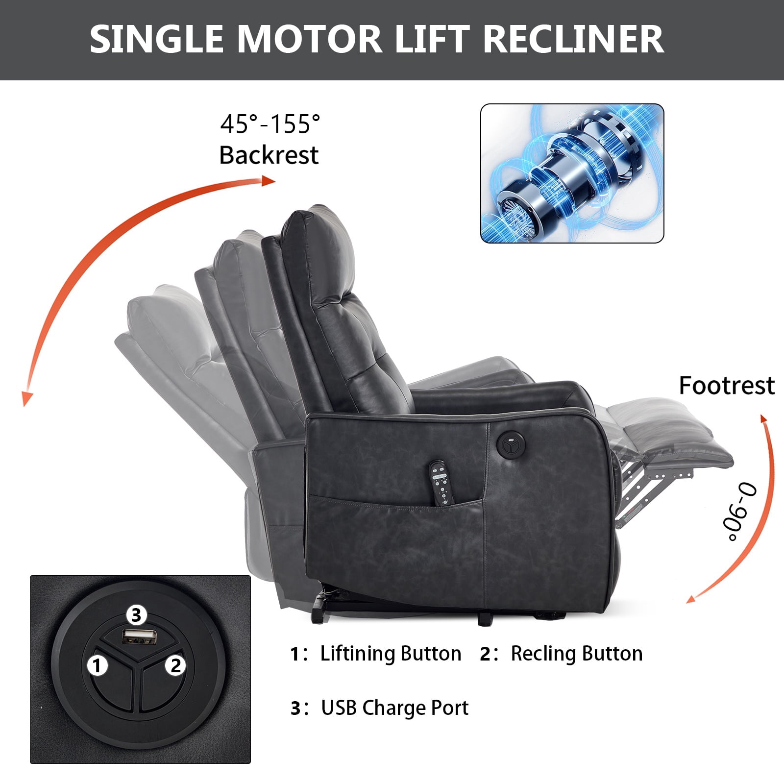Power Lift Recliner Chair with Massage & Heat for Seniors, Heavy Duty Faux Leather, USB Charging Port, 155° Max Recline, Easy Assembly, Perfect for Living Room Comfort