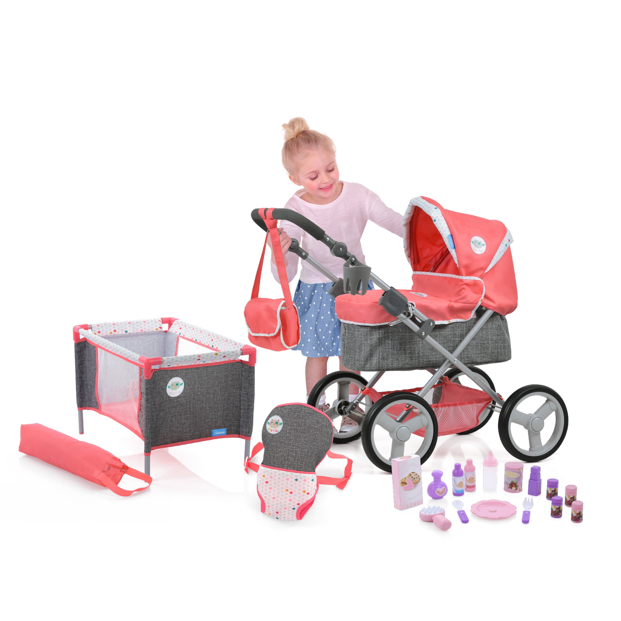 Hauck Play N Go Toy Doll Pram Set - Diaper Bag, Play Yard, Front Carrier and  15 Piece