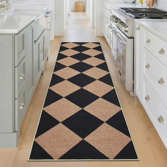 Geetinfly 2inx8in Modern Checkered Runner Rug Washable Geometric Carpet Contemporary Accent Rug Non Slip Low Pile Indoor Outdoor Floor Mats for Bedroom Hallway Kitchen Black and Coffee