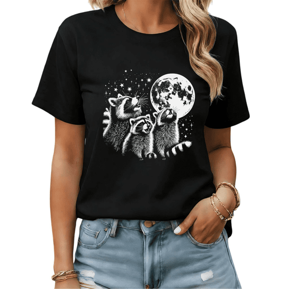 Funny Raccoons Full Moon Graphic Tees Womans T shirt Shirts Black White S-5XL Tops
