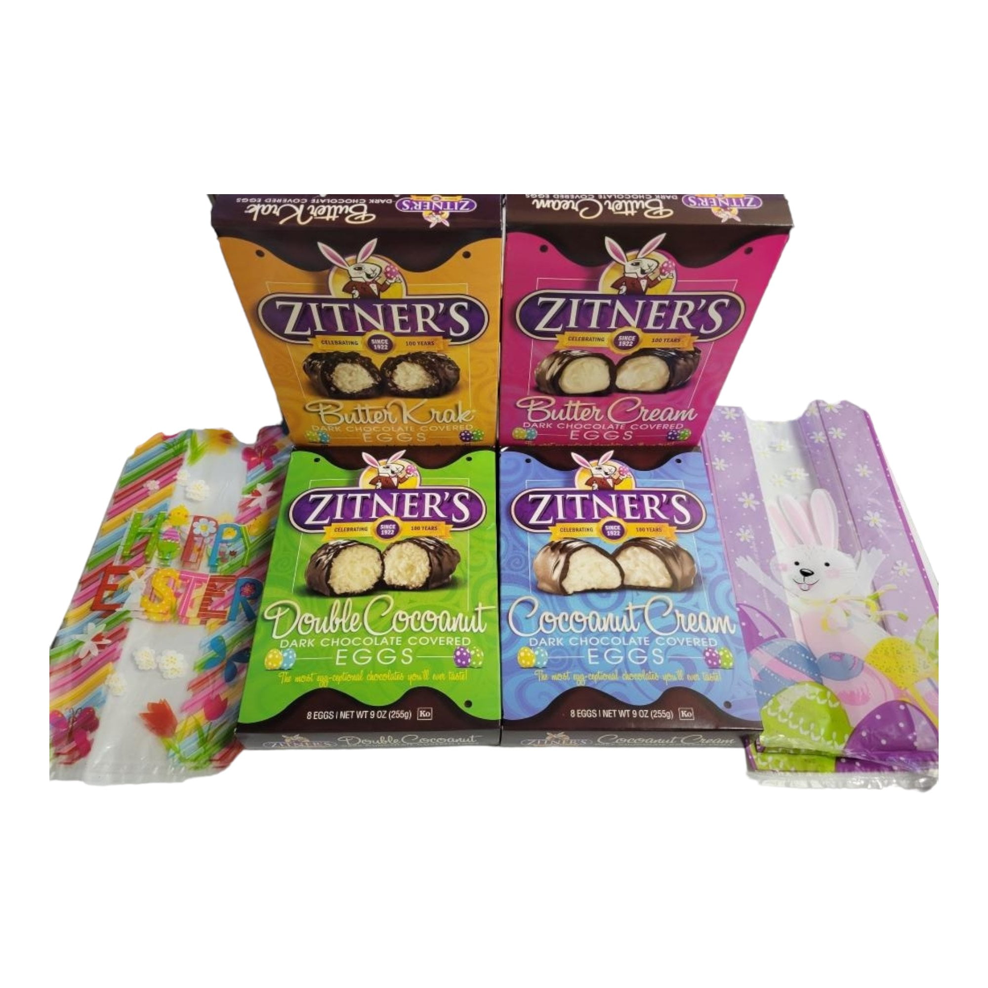 Zitners Dark Chocolate Covered Eggs Assorted 4 Pack, 1 box 9 oz of Cocoanut Cream Dark Chocolate