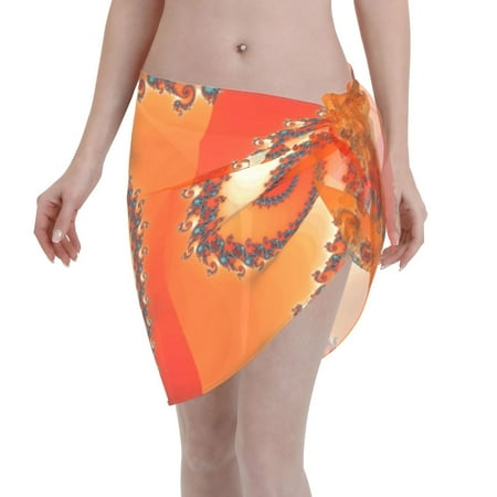 Qekee Orange Rotating Women s Short Sarongs Cover Ups Sheer Bikini Wraps for Swimwear
