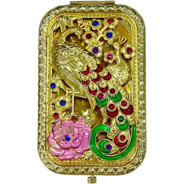 ZHU YU CHUN 1PC Vintage Peacock with Long Tail Pattern Cosmetic Makeup Pocket Purse Magnification Jewel Mirror (Rectangle)