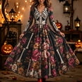 thumbnail image 2 of Skeleton Dress Long Sleeve V Neck Maxi Halloween Dresses for Women Spooky Skull Rose Gothic Festival Party Outfit, 2 of 4