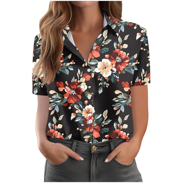 Pantalones Cortos para las Mujeres Impresión Sexy Cómodo Bolsillo de Manga Corta, Botón Top Blusa Camiseta