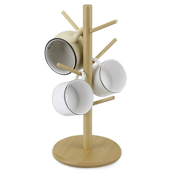Lonian Bamboo Mug Holder, Coffee Mug Holder Tree with 6 Hooks, Cup Storage Organizer for Counter, Round Base