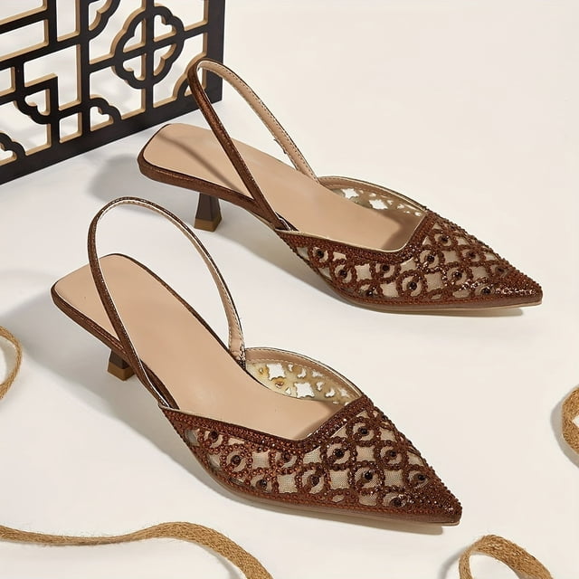 Chic & Comfortable All-Season Kitten Heels with Sparkling Rhinestones, Pointed Toe, and Breathable Mesh Design Shoes for Women Girls