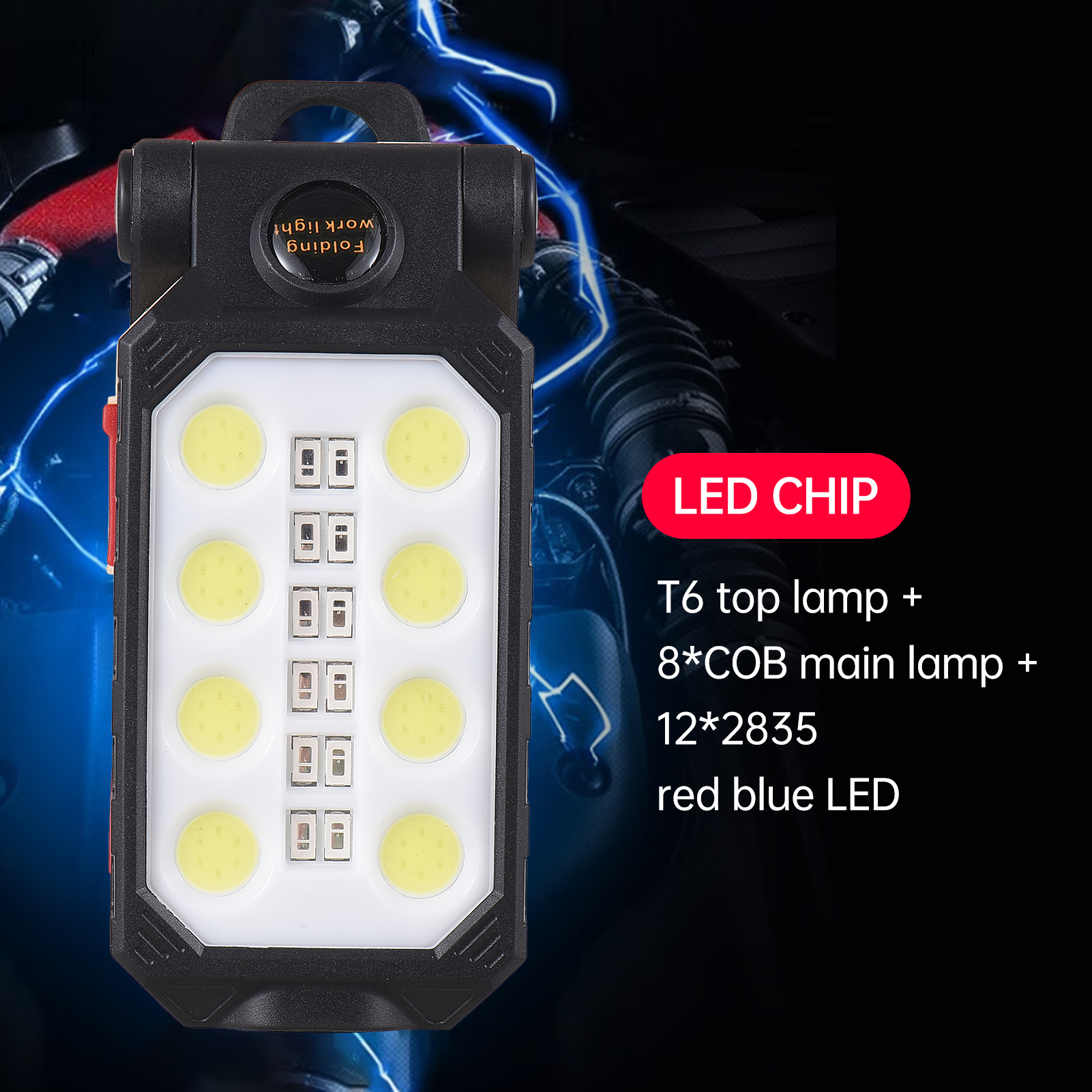 LED Work Light, Aoresac Rechargeable COB LED Magnetic Repair Work Flashlight, Portable Foldable Inspection Lamp Waterproof Floodlight with 4 Light Modes for Car Repairing/Workshop/Garage/Camping