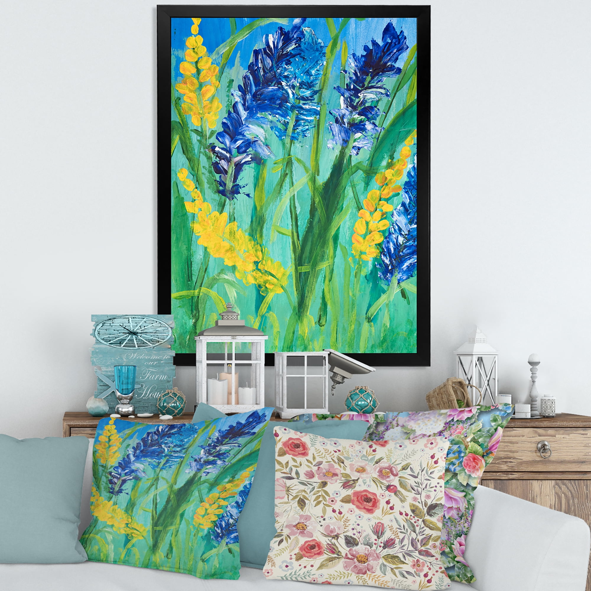 Designart 'Yellow and Blue Wild Flowers and Grass Gouache' Traditional Framed Art Print