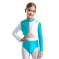 thumbnail image 3 of TTAO Kids Girls Sparkly Gymnastics Dance Leotard Long Sleeve Color Block Bodysuit Biketard Unitard Jumpsuit Activewear Blue Green 16, 3 of 5