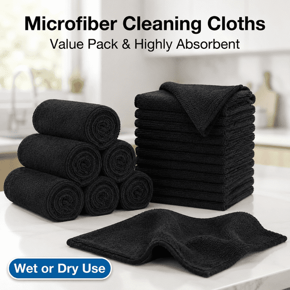 TAVENE Black 12PK Microfiber Cleaning Cloth , Microfiber Towels for Cars, Premium Car Cloths, Dusting Cloth Lint Free Cleaning Rags for SUVs, Window, House,Workshops, Kitchen, 11.5×11.5"