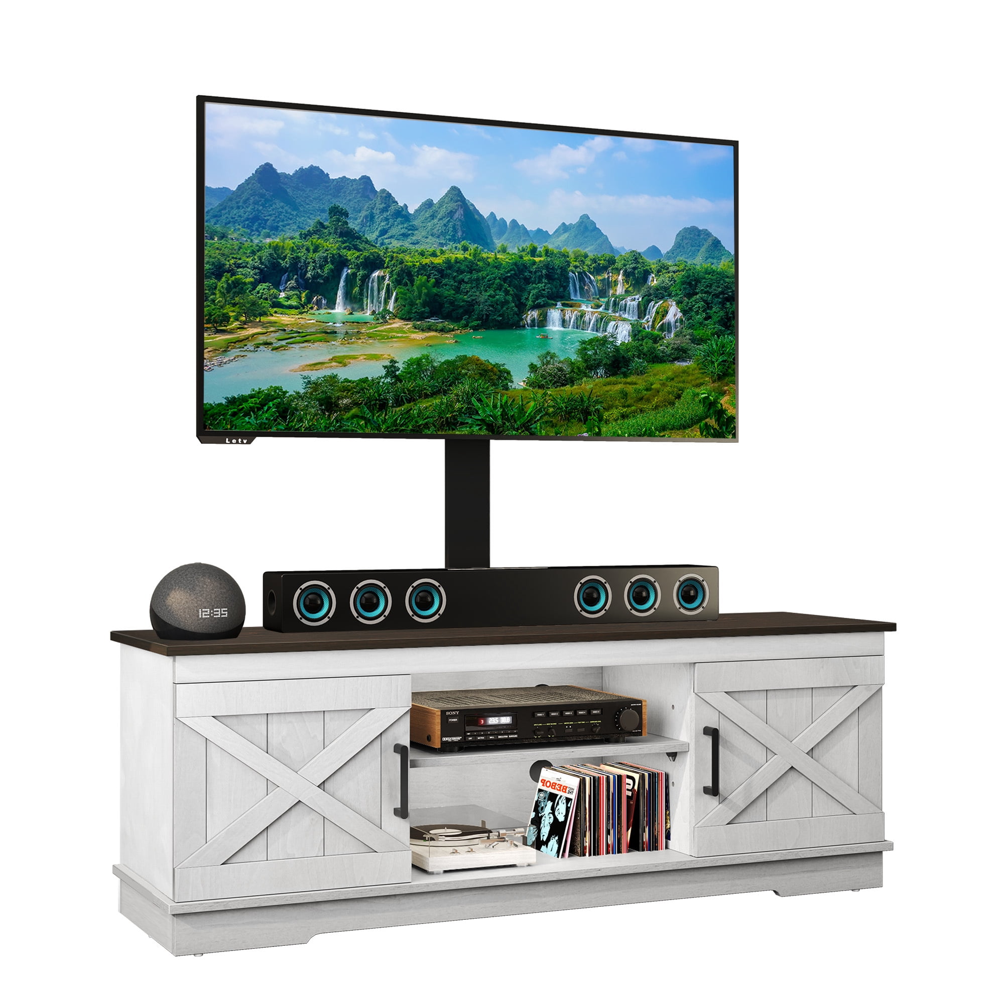 Uforic TV Stand with Mount for 70 inch TVs, Farmhouse Height Adjustable TV Mount, Rustic Oak