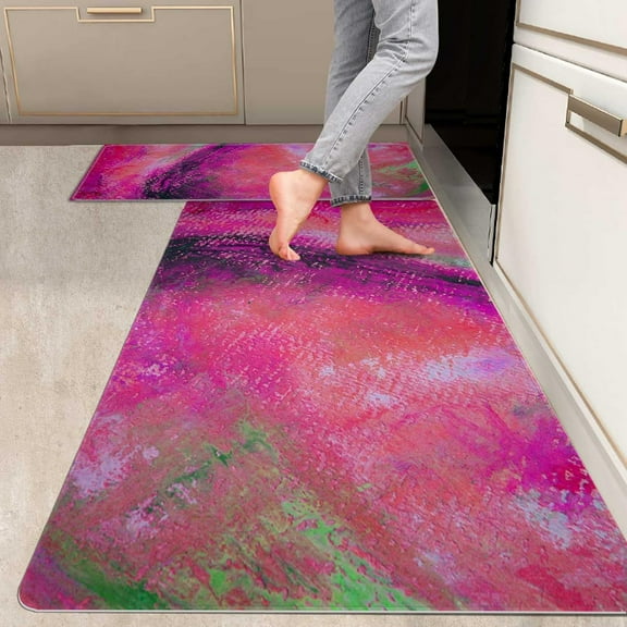 2 Pieces Kitchen Rugs, Abstract Anti Fatigue Non Slip Foam Cushioned Art Modern Fuchsia Rose Pink Comfort Indoor Floor Mat Runner Rug Set for Laundry Office Sink Bathroom (17"x48" 17"x24")
