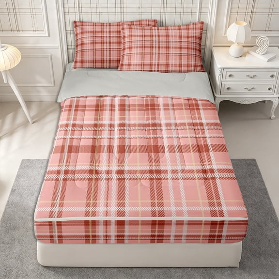 Castle Fairy Vintage Terracotta Tartan Zipper Twin Comforter Sets with Fitted Sheet and 2 Pillowcases,Geometric Woven Line Zipper Bedding Set,Rust Pink White,Reversible