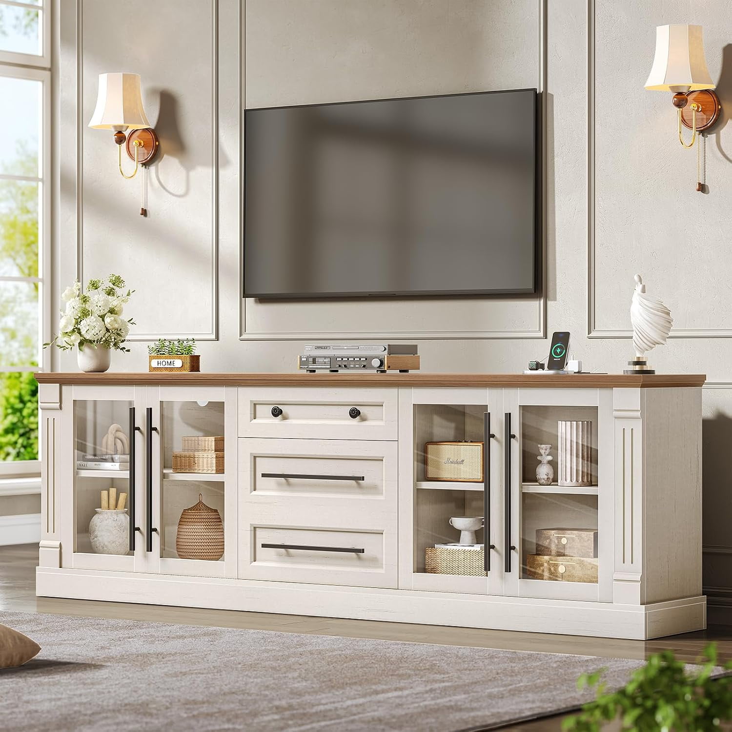 80 Inch Farmhouse TV Stand with Power Outlet, Modern Wood Media Console Entertainment Center with 3 Storage Cabinets and 1 Drawer for Living Room & Bedroom, White