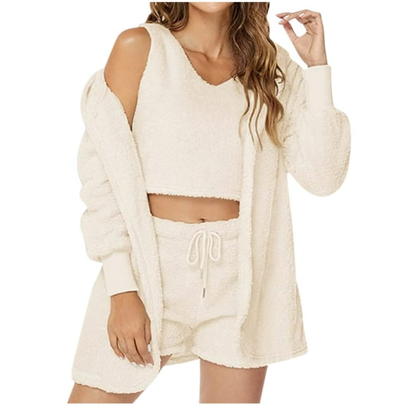 Fall Winter Warm Fleece Loungewear for Women Furry Cute 3PC Comfy Pajamas Sets Oversized Cozy Lounge Suit for Daily Homewear