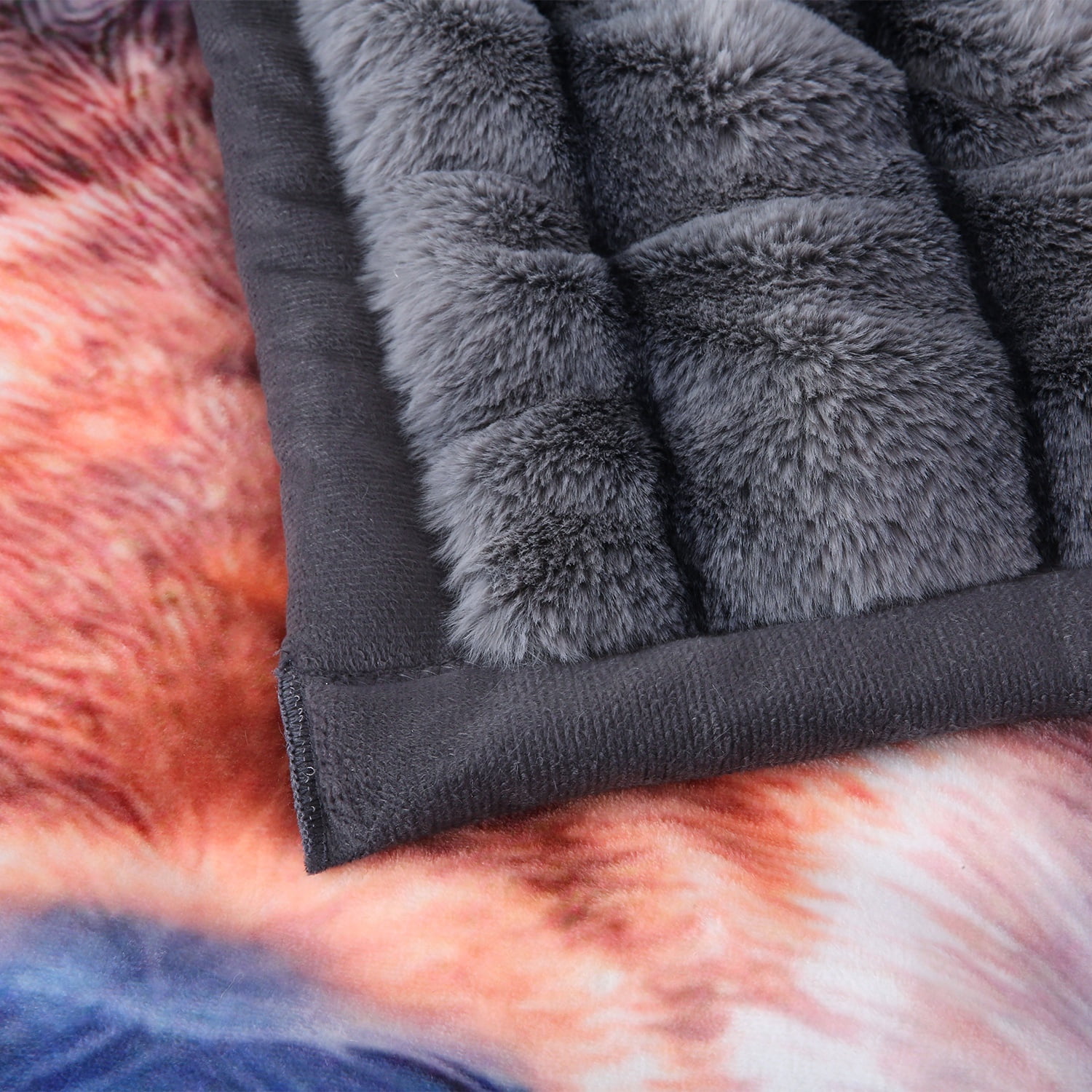 NC Faux Fur & Warm Fleece Blanket King Size 85"x93", A & B Printed Patterns 3-Ply Heavy Thick Microfiber Plush Blanket 8.5LB, Wolf & Gray