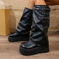 thumbnail image 5 of Xfvqtps Womens Knee High Boots with Buckle Strap Winter Fashion Flatform Booties Slouchy Round Toe Comfortable Chunky Sole Boots Black, 5 of 9