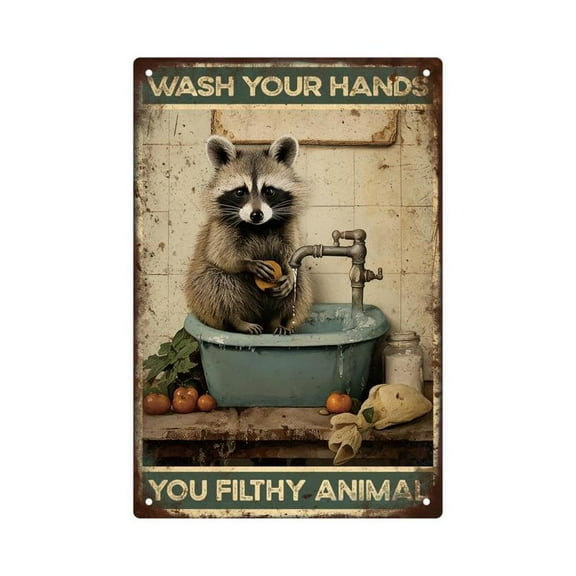 8x12inch Vintage Animal Pattern Tin Sign, 1 Count Wash Your Hands Lettering Sign, Wall Art Decor for Home Toilet Bathroom Washroom, Home Decor