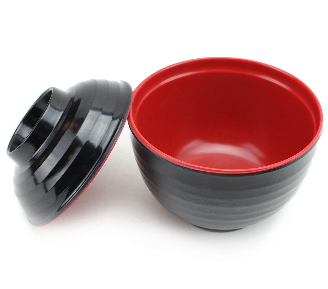 味噌湯ボウル Melamine Plastic Noodle Miso Soup Bowls with Spoons Red Black, Set of 4