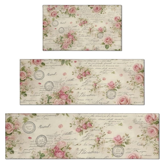 Pioneer Flower Floral Print Pattern Kitchen Rugs Sets Of 3,Kitchen Runner Rugs Non Skid Washable,Decorative Kitchen Floor Mats for Kitchen,Sink,Laundry,17"x30" 17"x47" 17"x59"