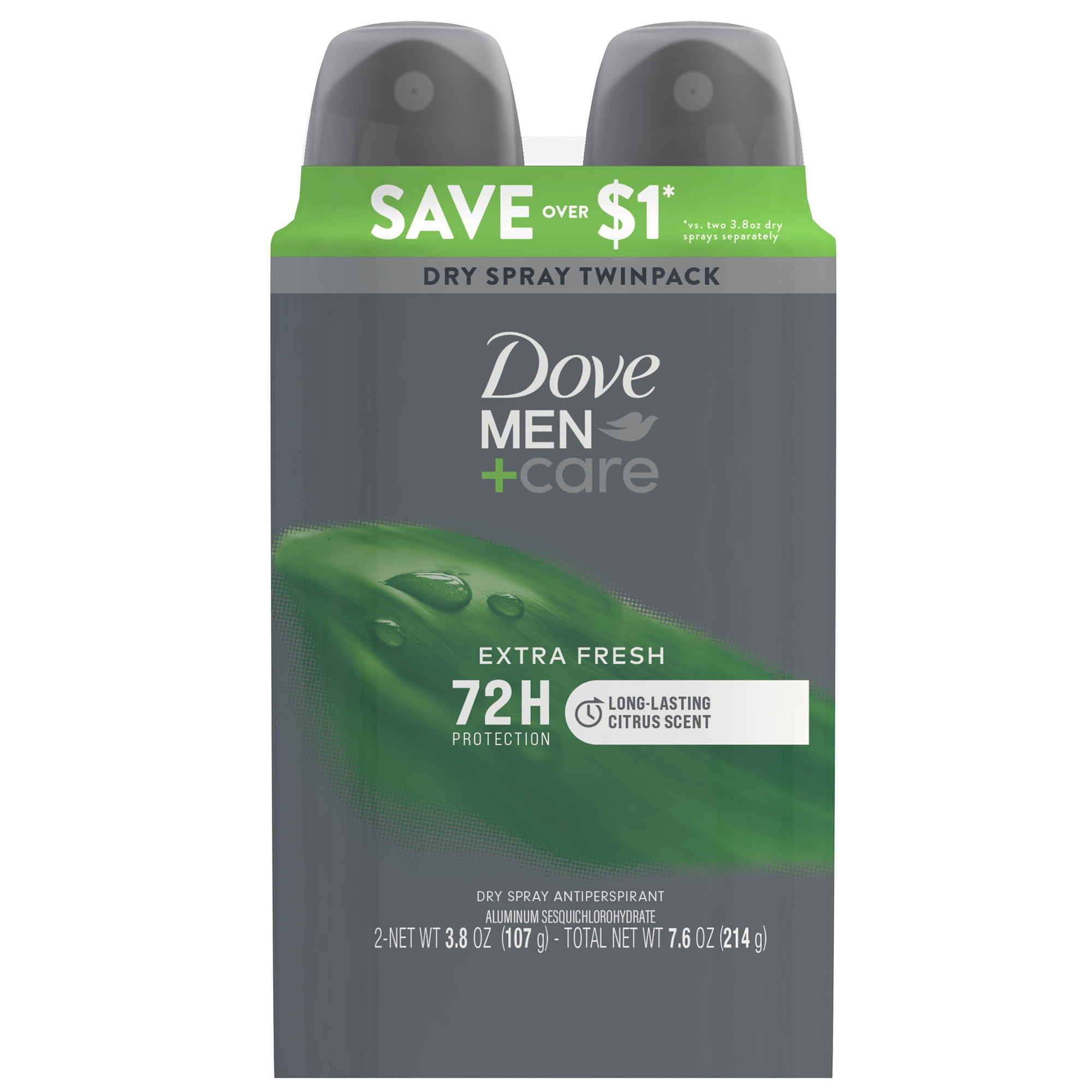 Dove Men+Care Antiperspirant Deodorant Dry Spray For Men 72-hour Sweat And Odor Protection Extra Fresh With Triple Defense Technology™ ,3.8 oz Twin