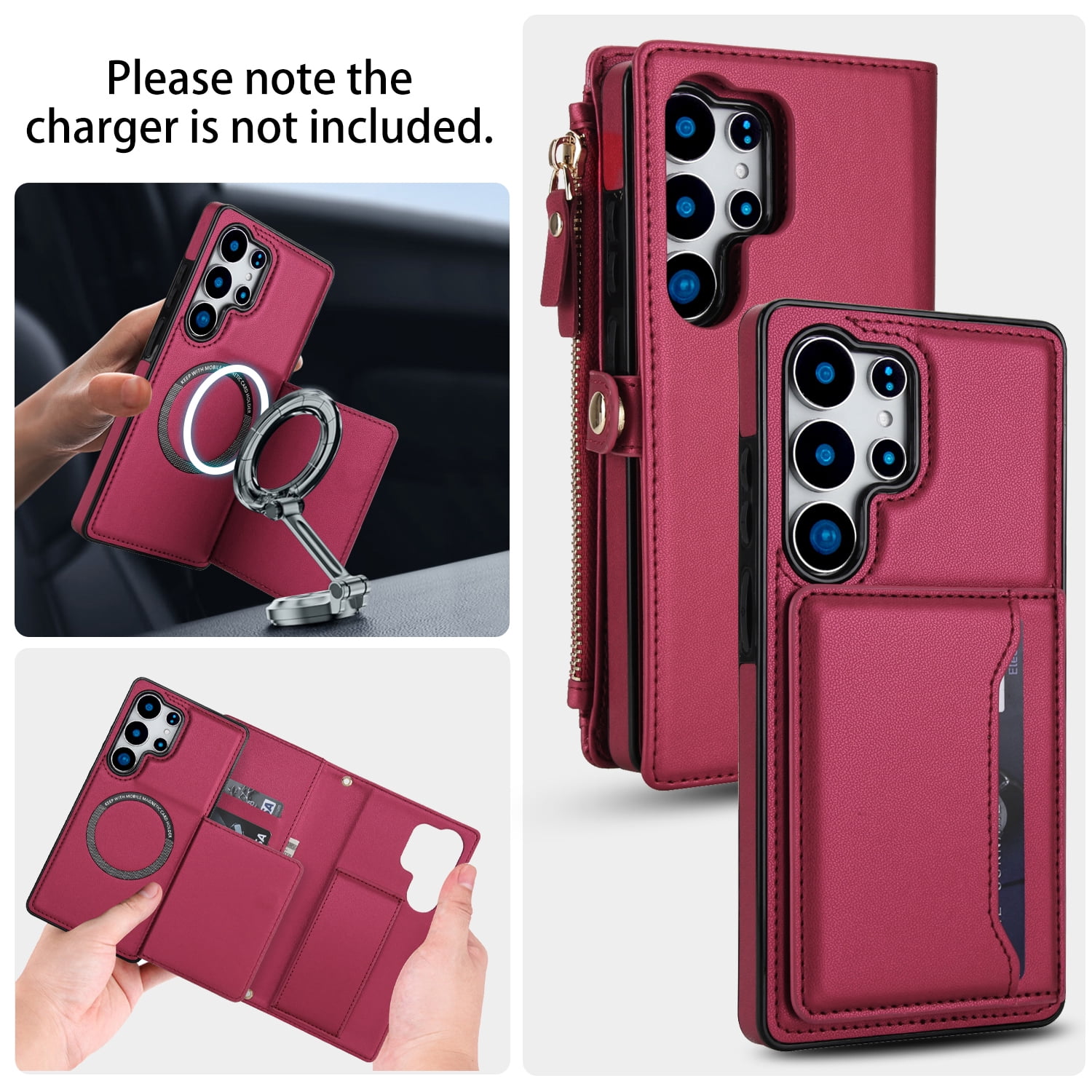 Designed for Samsung Galaxy S24 FE Multi-Function Wallet Phone Case,With Shoulder Strap&Wrist Strap,Cash Pocket&Card Slots,Zipper Purse,Magnetic Detachable PU Leather Flip Phone Case,Red
