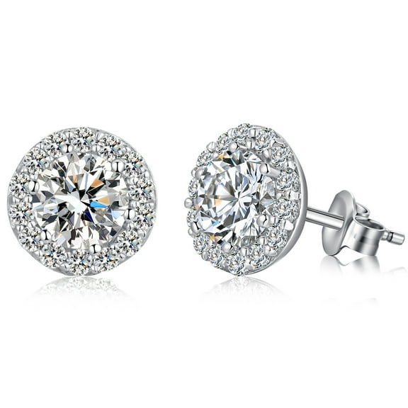 Jiamiaoi Halo Earrings 18K White Gold Plated Stud Earrings for Women 925 Sterling Silver Cubic Zirconia Earrings Studs Flat Diamond Stud Earrings Silver Earrings for Women