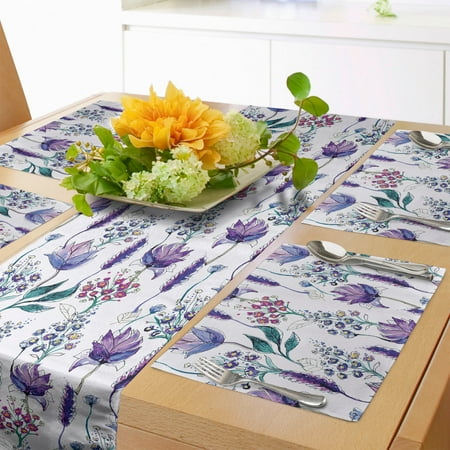 

Floral Table Runner & Placemats Botanical Plants Beauty Exotic Flowers Violets Bluebells Watercolor Set for Dining Table Placemat 4 pcs + Runner 14 x90 Lavender Plum Jade Green by Ambesonne