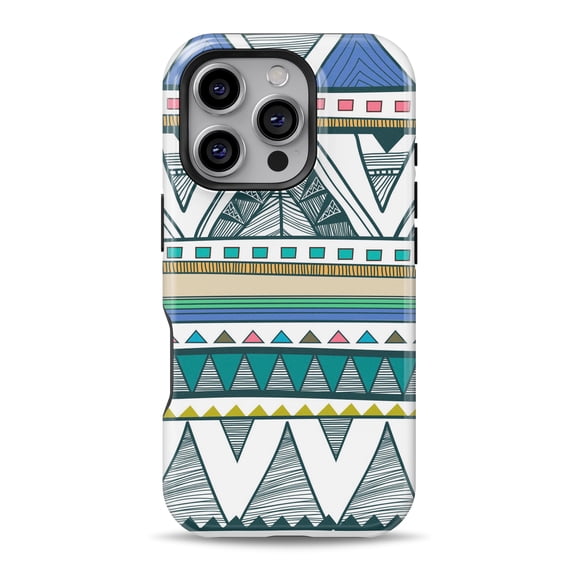 DesignSkinz Scratch-Resistant Hard Slim Case Compatible with iPhone 16 (Compatible with MagSafe) - Abstract Blue and Green Triangle Aztec