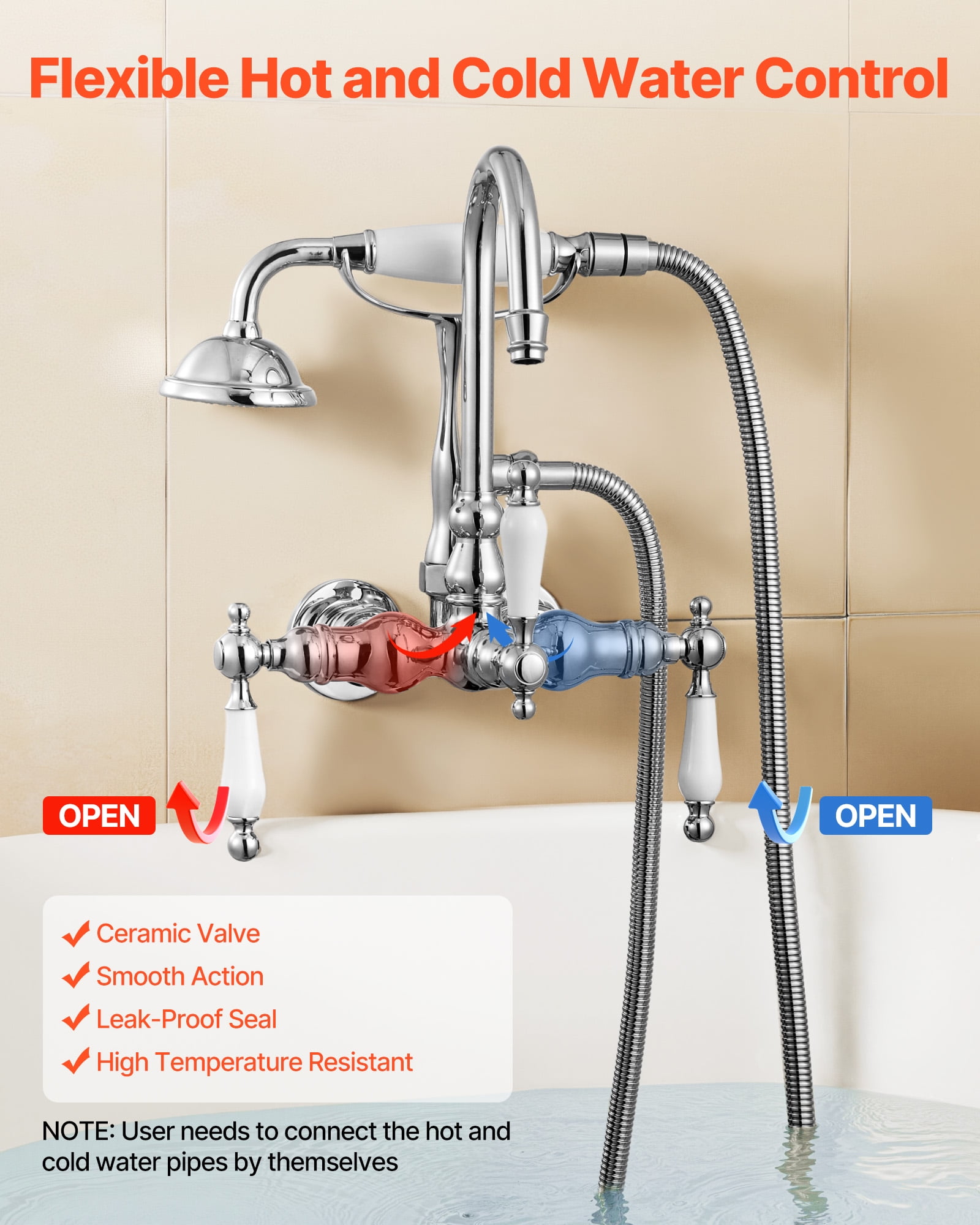VEVOR Clawfoot Tub Faucet, Wall-Mounted Bathtub Faucets with Handheld Shower, Polished Chrome Clawfoot Tub Filler Faucet Shower Kit with 59" Long Hose & Gooseneck Spout, Modern & Vintage for Bathtubs