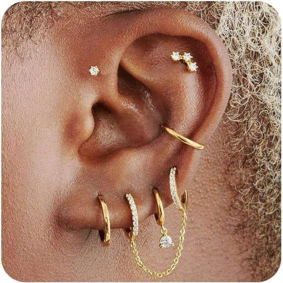 Gold Earrings Set For Women, 14K Gold Plated Stud And Cartilage Earring Sets For Multiple Piercing, Hypoallergenic Stackable Small Gold Huggie Hoop Earrings For Women Jewelry[Z678]