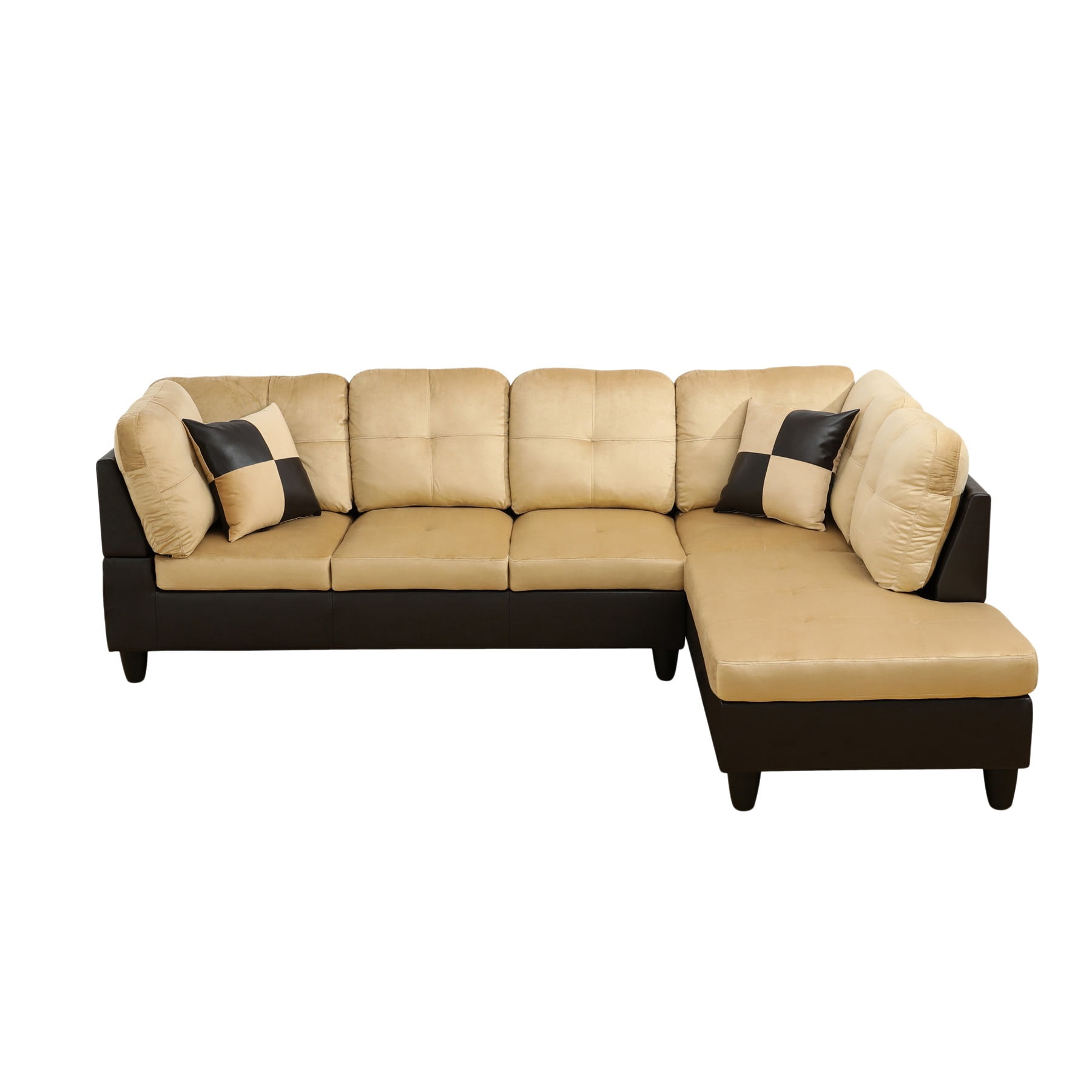 Hommoo Lint & PVC L-Shaped Sectional Couch and Sofa Set, Modern Living Room Furniture Set, Right Side, Beige and Brown