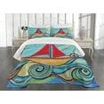 thumbnail image 3 of Ambesonne Art Quilted Bedspread Set 3 Pcs, Ship in Waves in Sea, Queen Size, Earth Yellow Teal Red, 3 of 5