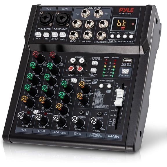 Pyle 6-Channel Audio Mixer – Bluetooth DJ & Studio Mixing Console with DSP Effects, Phantom Power, MP3/USB Player, LED Display, Front Panel Controls for Recording, Stage & Home Use (Black)