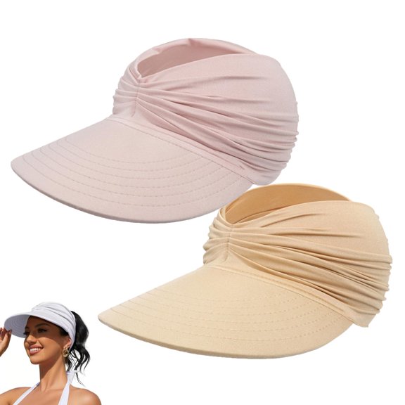 2-Pack Women's Upf 50 Uv Protection Wide Brim Beach Sun Visor Hat, Wide Brim Lightweight Foldable Ponytail Cap for Golf, Hiking, Beach