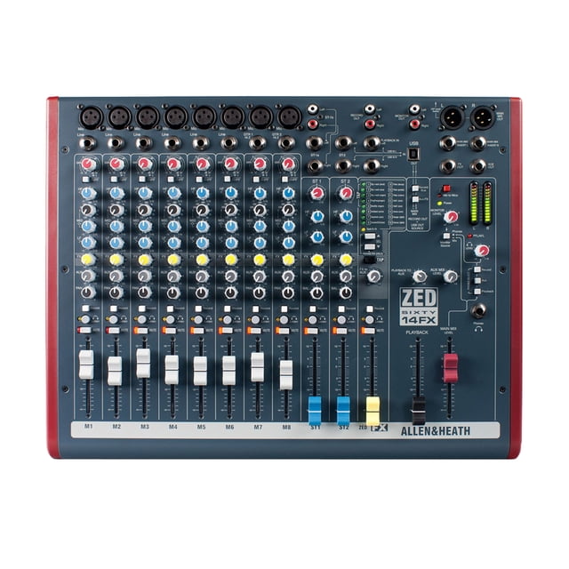 Mezclador de audio Allen & Heath ZED60-14FX con 6 micrófonos/línea y E/S USB
