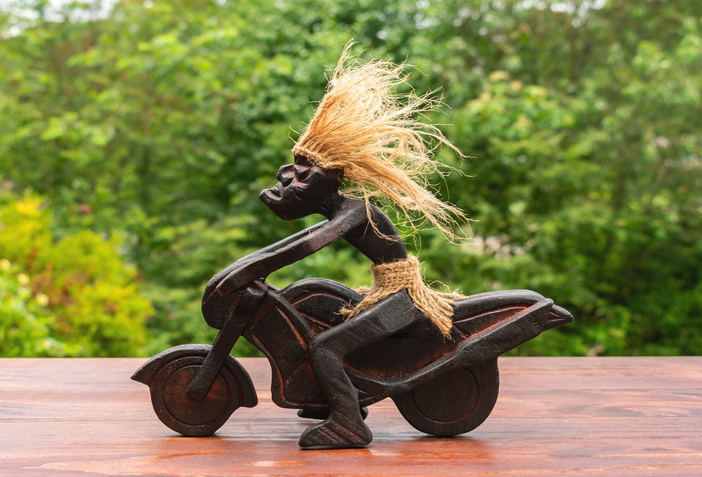 Hand Carved Teak Wood Tribal Biker Sculpture