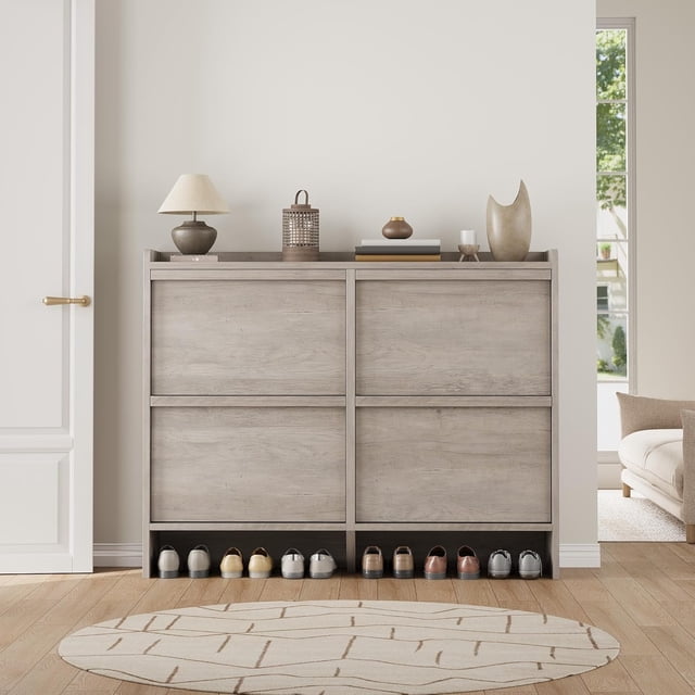Bingirl Armoire à Chaussures avec 4 Tiroirs Basculants Armoire à Chaussures en Bois avec Tablette Réglable Rangement pour Chaussures pour Entrée Armoire à Chaussures Dissimulée pour Couloir Salon Gris