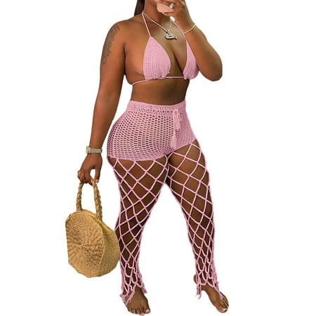 

SAYOO 2 Pcs Women Hand-crochet Outfits Tie-up Solid Color Halter Bra + Hollow-out See-through Fishnet Trousers